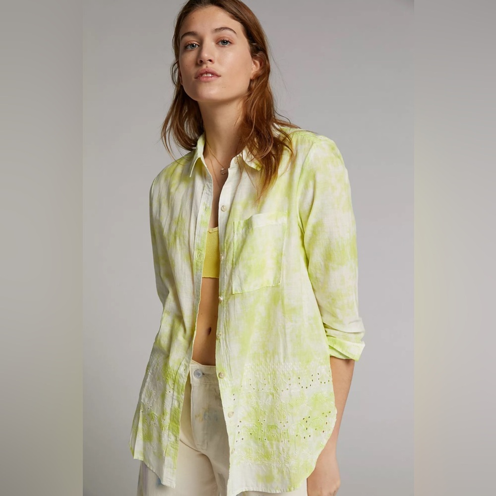 Pilcro Anthropologie Daily Practice Soul Ruffled Eyelet Shirt Yellow White S